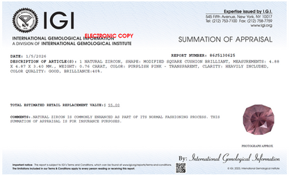 IGI Certified Brilliant Cushion Purple Zircon - 0.76 Ct