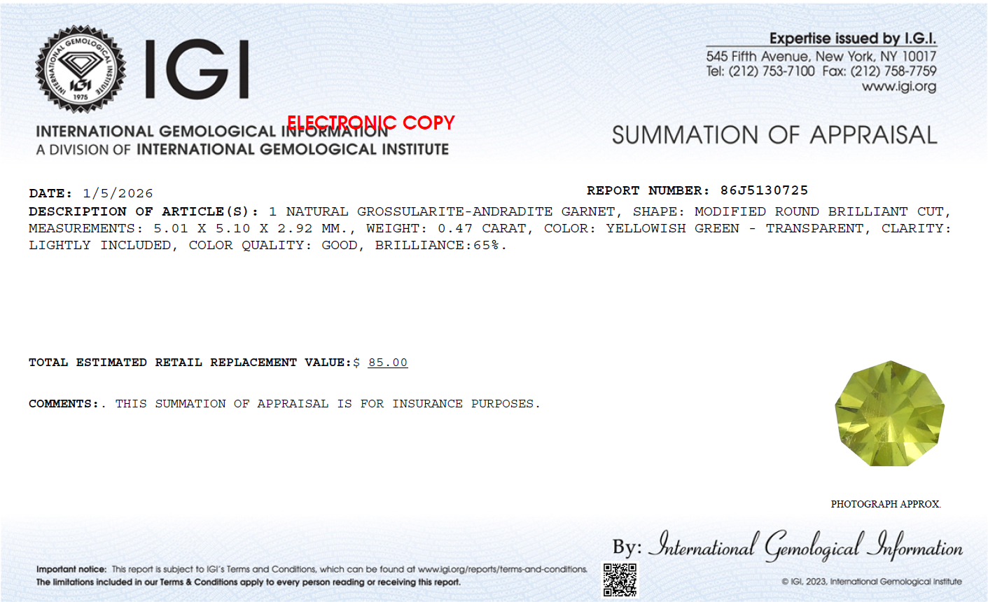 IGI Certified Custom Round Yellow Mali Garnet - 0.47 Ct