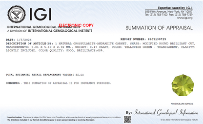 IGI Certified Custom Round Yellow Mali Garnet - 0.47 Ct