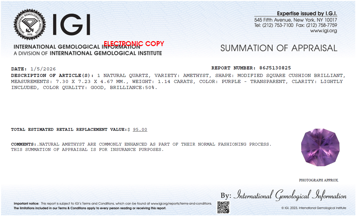 IGI Certified Natural Amethyst 1.14ct Square Cushion Brilliant